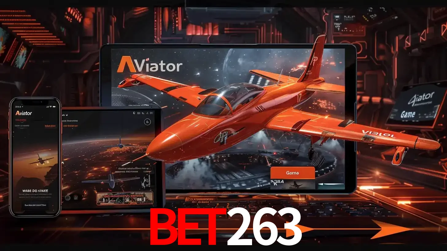 Apresentação tecnológica do jogo Aviator com um avião saindo da tela de um tablet, demonstrando a experiência imersiva em múltiplos dispositivos no bet263.