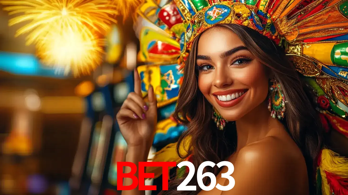 Mulher sorridente com um cocar de carnaval vibrante e colorido, celebrando uma grande vitória nos jogos do cassino bet263 com fogos de artifício ao fundo.