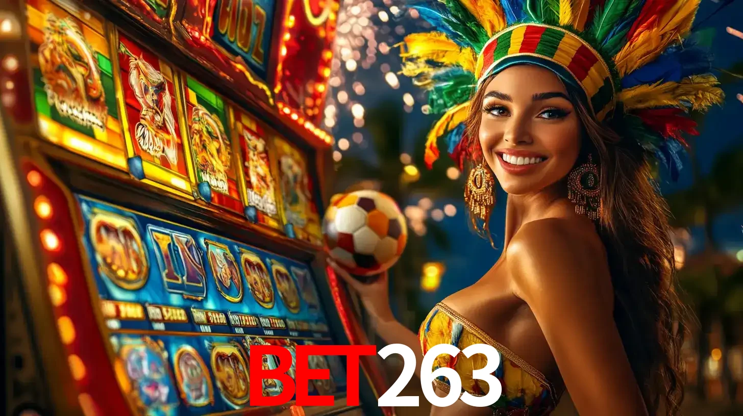 Mulher com um cocar de carnaval ao lado de uma máquina de caça-níqueis enquanto segura uma bola de futebol, mostrando a união da diversão de cassino e esportes no bet263.