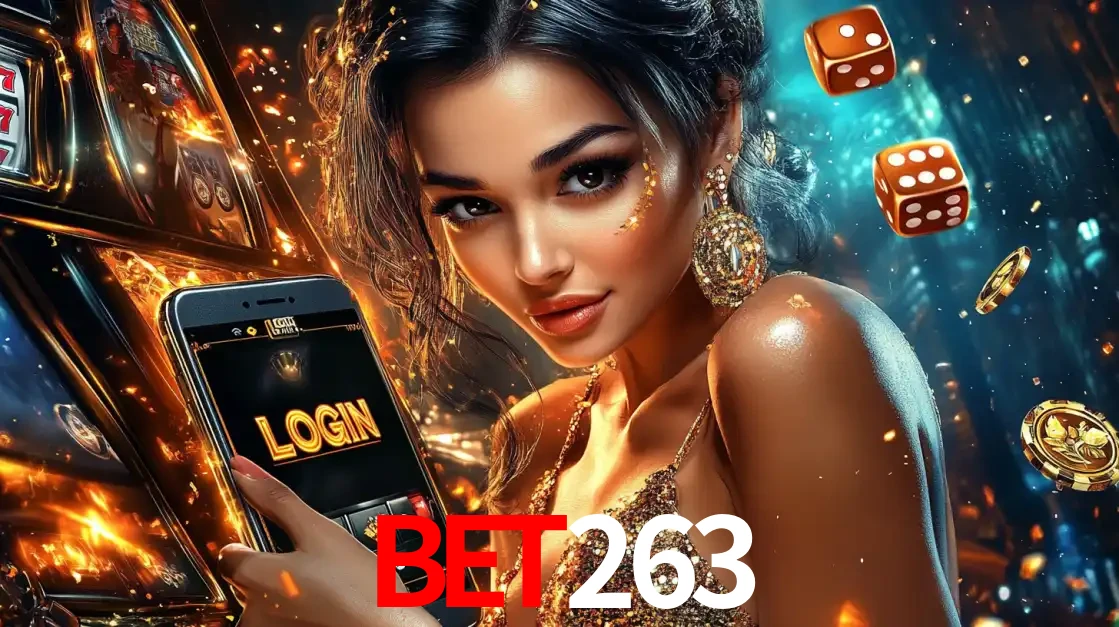 Mulher glamourosa segurando um celular com a tela de login do cassino bet263, rodeada por dados e moedas douradas, pronta para começar a diversão.
