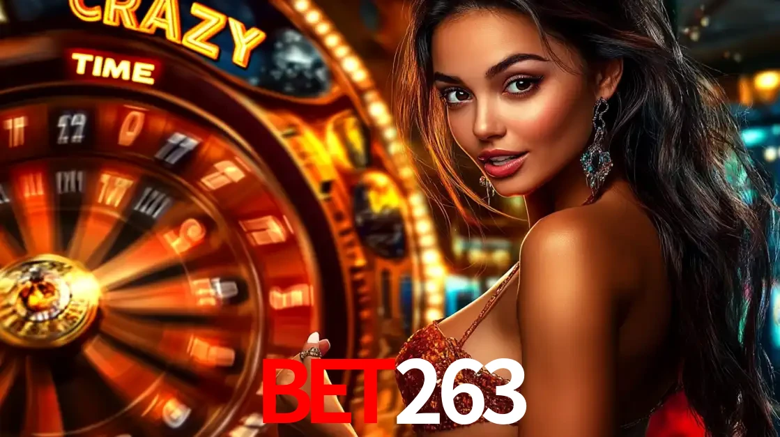Mulher ao lado da roda de prêmios do jogo de cassino ao vivo Crazy Time, um dos shows de jogos mais emocionantes oferecidos pela plataforma de apostas bet263.