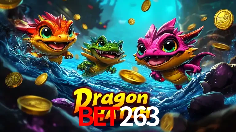 Arte promocional do jogo Dragon Hatch com três adoráveis dragões bebês nadando entre moedas de ouro, um dos slots mais divertidos para jogar no cassino bet263.