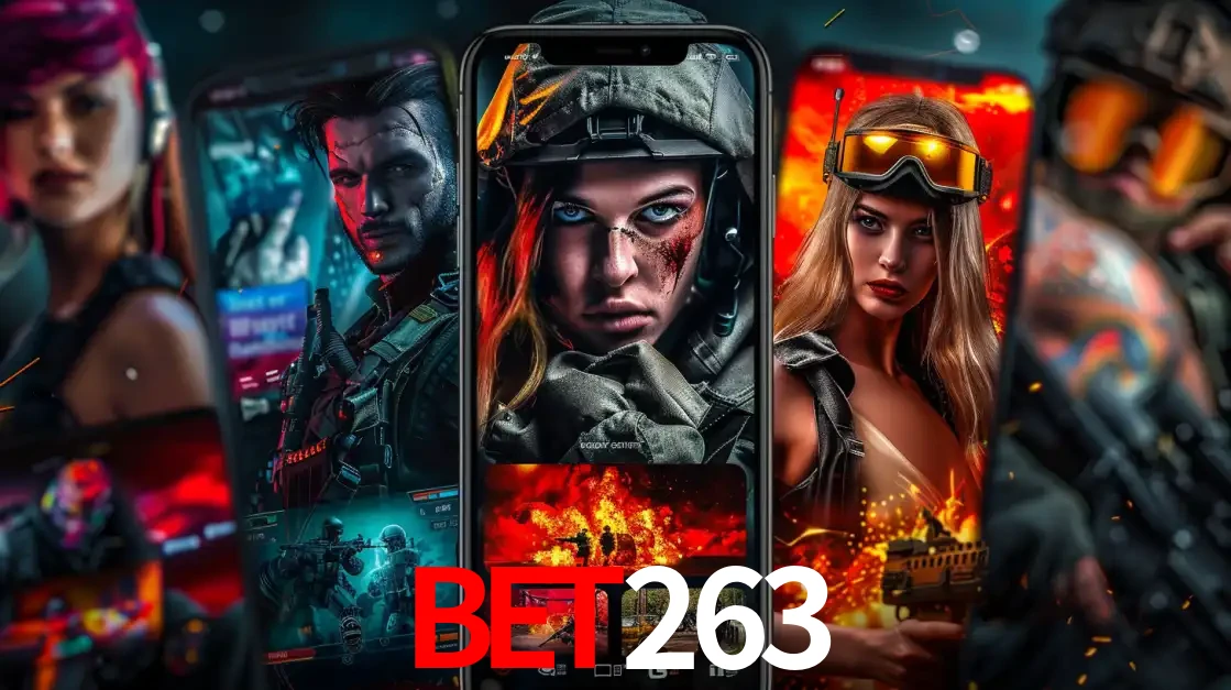 Montagem de telas de celular mostrando diversos personagens, masculinos e femininos, de um jogo de tiro, ilustrando a diversidade de equipes de e-sports para apostar no bet263.