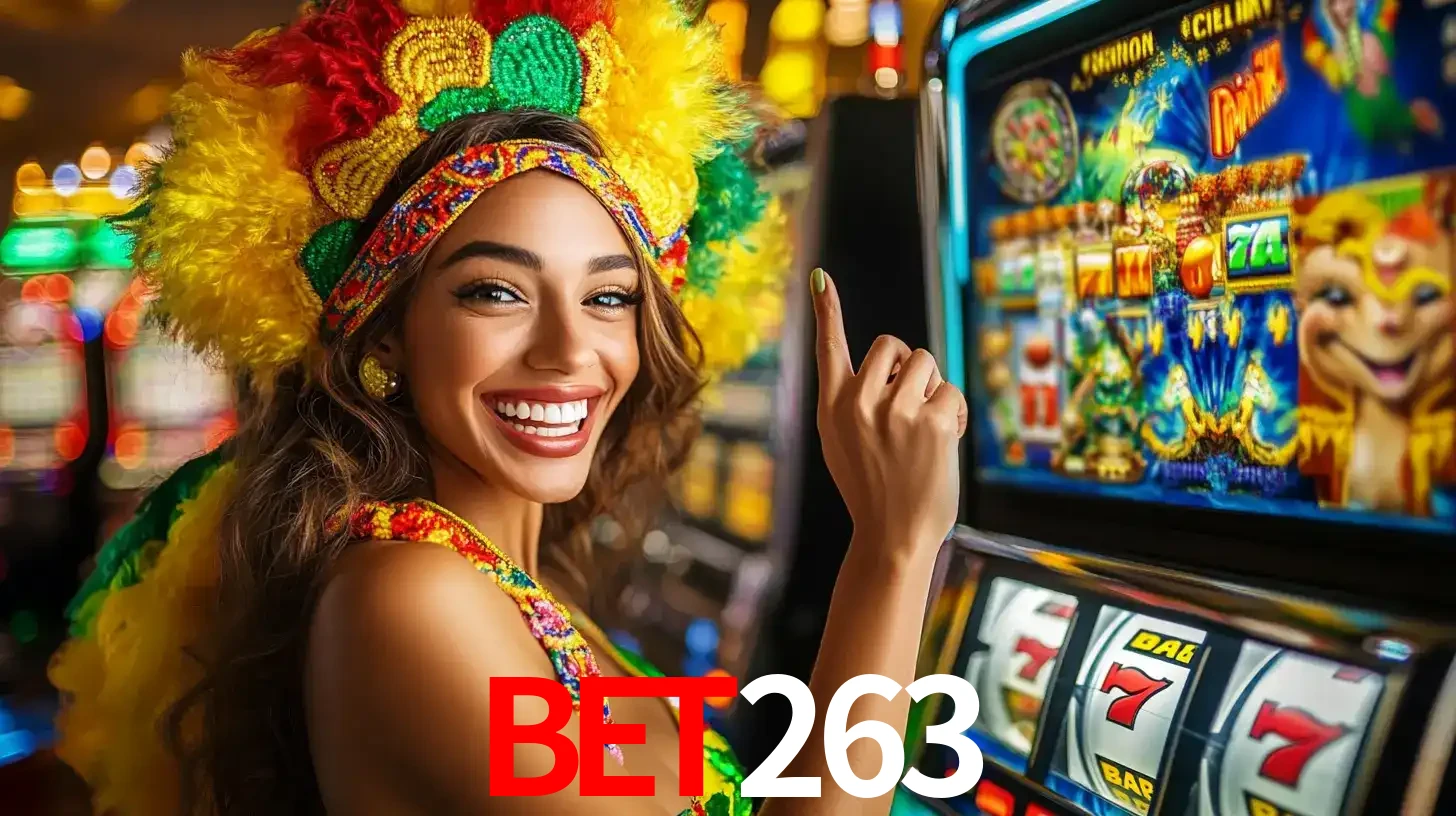 Mulher animada com um cocar de carnaval apontando para uma máquina de caça-níqueis, mostrando a emoção de ganhar um grande prêmio nos jogos do bet263.