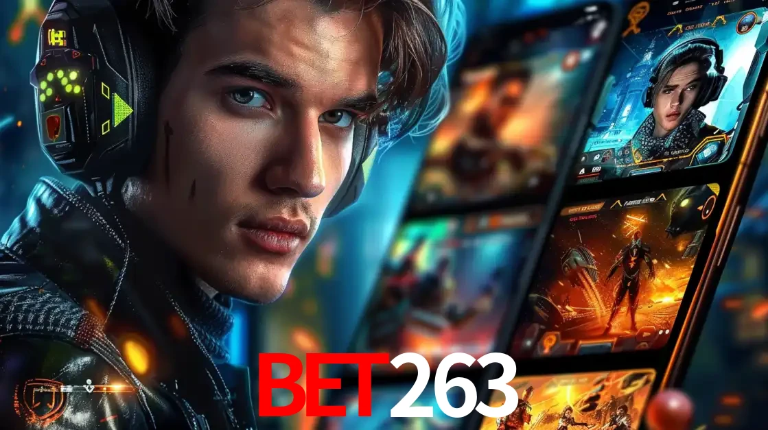 Jovem jogador com fones de ouvido olhando para a câmera, com um aplicativo de jogos e e-sports para celular ao fundo, pronto para a competição e apostas no bet263.