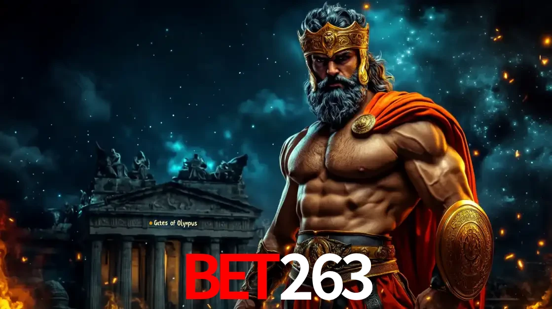 O poderoso Zeus do jogo de slot Gates of Olympus em frente ao seu templo, pronto para lançar multiplicadores divinos e prêmios épicos no cassino online bet263.