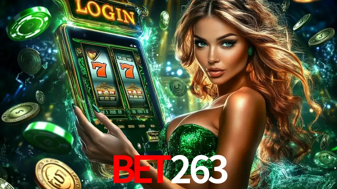 Mulher com tema verde apresentando o aplicativo do cassino bet263 com um jogo de slot de 777, cercada por fichas de cassino e uma aura de sorte.
