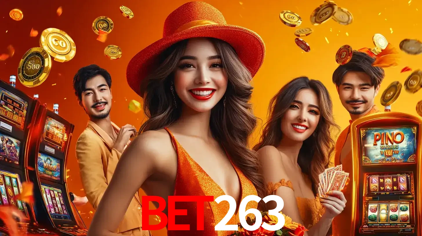 Grupo de amigos asiáticos sorrindo e se divertindo com máquinas de caça-níqueis em um ambiente festivo, celebrando suas vitórias nos jogos de cassino do bet263.