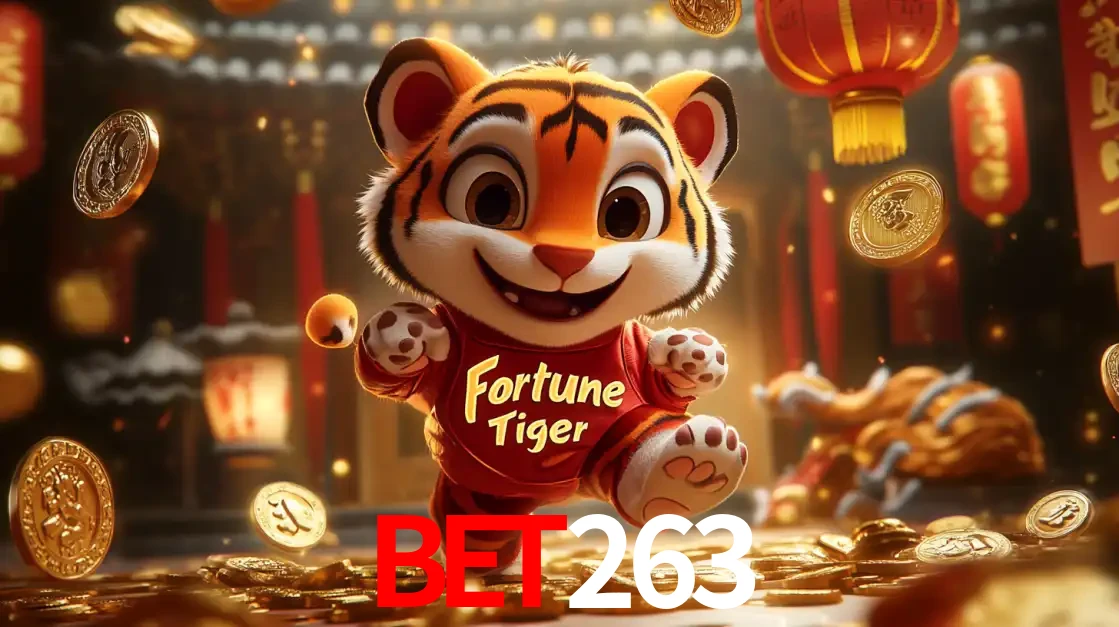 O alegre personagem do Fortune Tiger correndo sobre um caminho de moedas de ouro, simbolizando os grandes prêmios e a diversão do popular jogo de slot do bet263.
