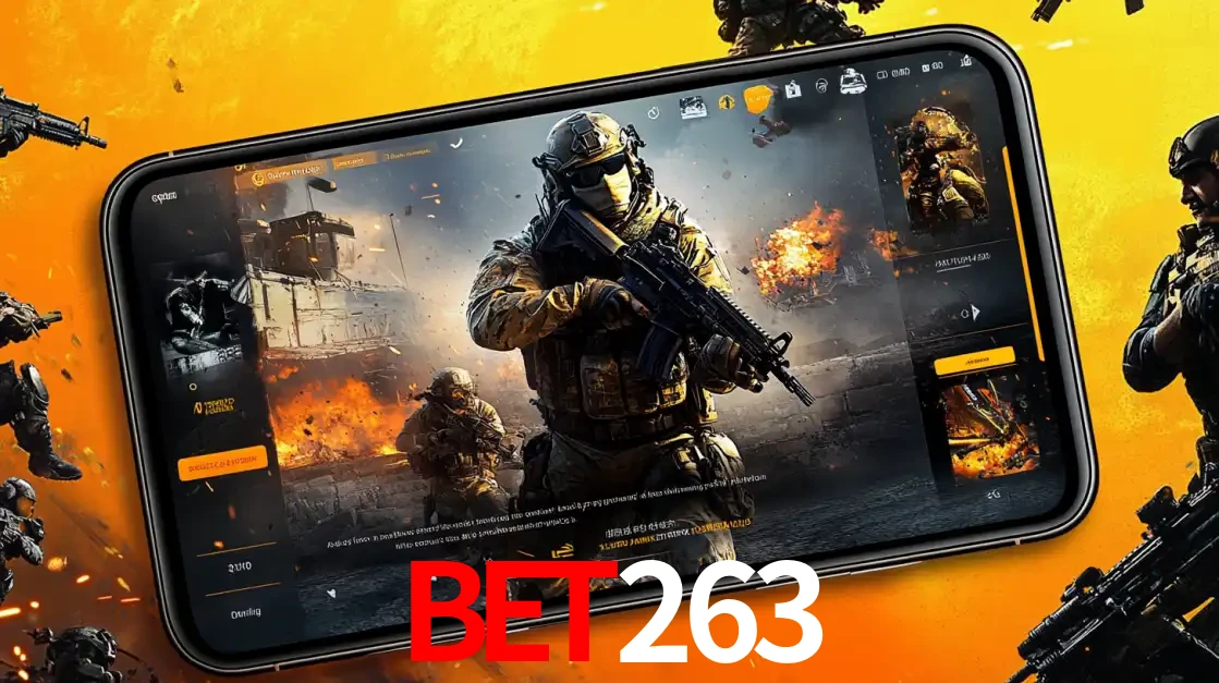 Um smartphone exibindo a interface de um jogo de tiro em primeira pessoa, com um soldado em um cenário de batalha, representando a ação dos e-sports para apostar no bet263.
