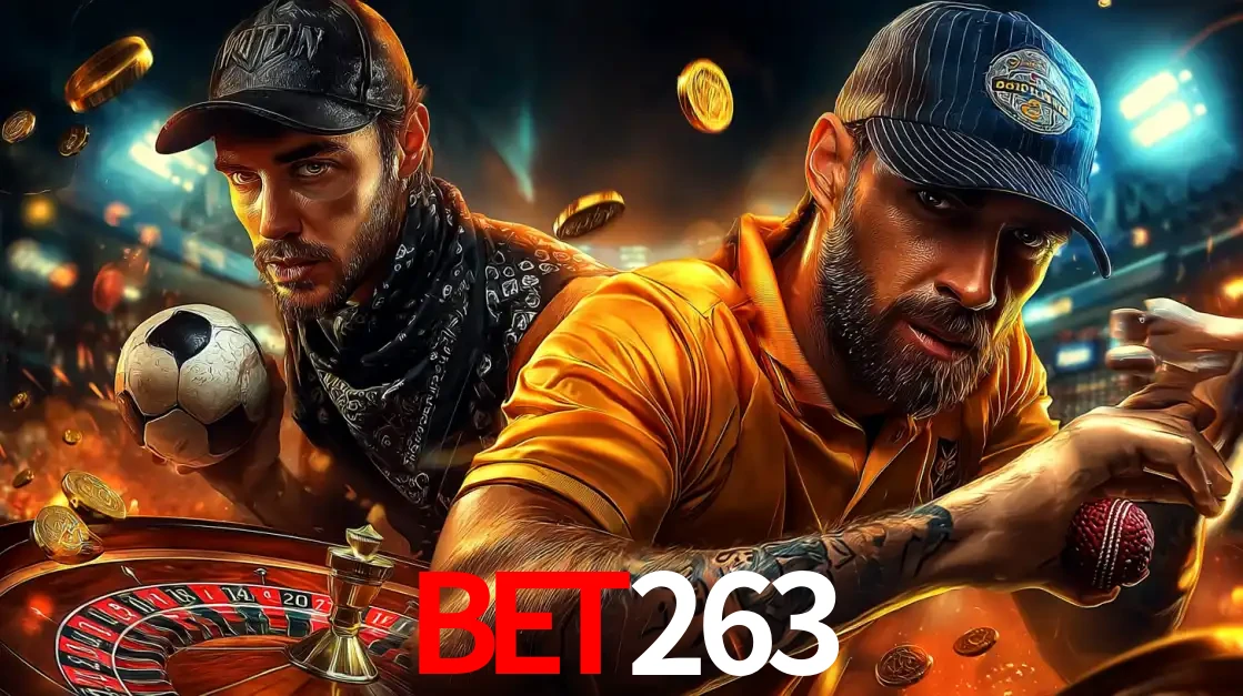 Montagem de apostas esportivas e cassino no bet263, com um homem segurando uma bola de futebol e outro uma de beisebol sobre uma roleta e moedas voadoras.