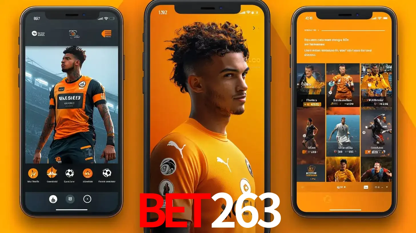 Interface do aplicativo de apostas esportivas bet263 em três telas de celular, mostrando o perfil de um jogador de futebol e a lista de jogos disponíveis para apostar.