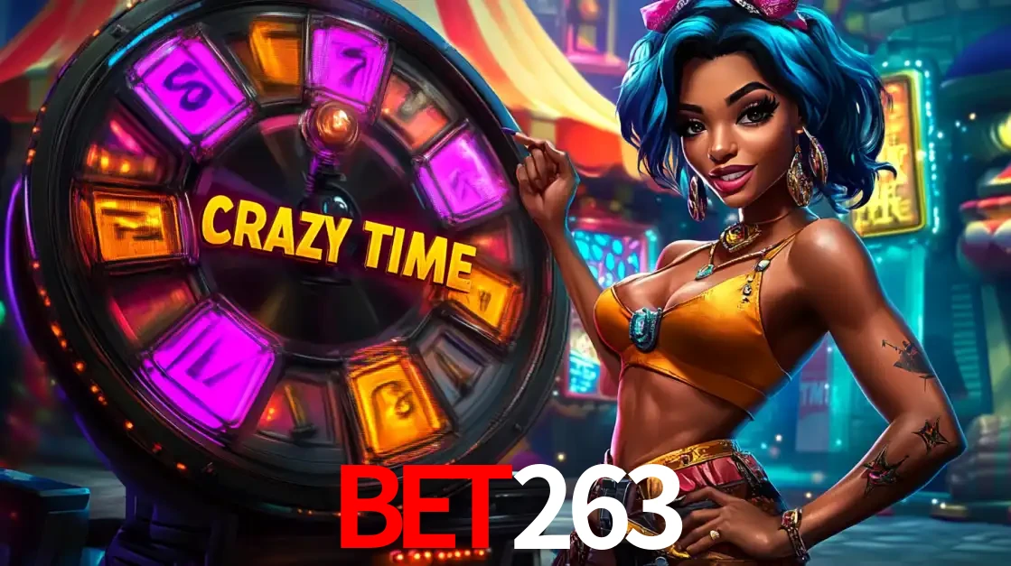 Mulher estilizada com cabelo azul e visual vibrante posando ao lado da roda de prêmios do game show Crazy Time, convidando para a diversão e os bônus do cassino bet263.