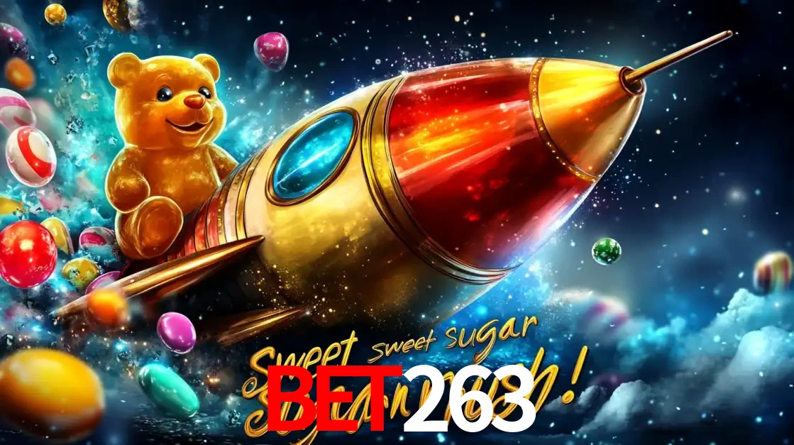 Arte promocional do jogo de slot Sugar Rush, com um urso de pelúcia em um foguete viajando pelo espaço de doces, um dos jogos divertidos disponíveis no cassino bet263.
