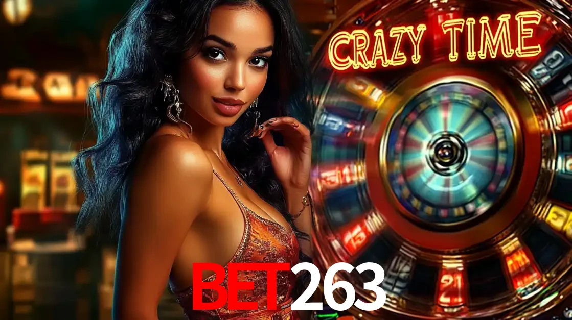 Mulher elegante ao lado da vibrante roda da fortuna do jogo de cassino ao vivo Crazy Time, um dos game shows mais populares e cheios de prêmios do bet263.