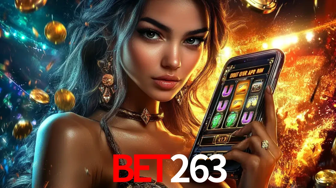 Mulher elegante mostrando um jogo de caça-níqueis em seu smartphone, destacando a experiência de cassino móvel oferecida pelo aplicativo bet263.