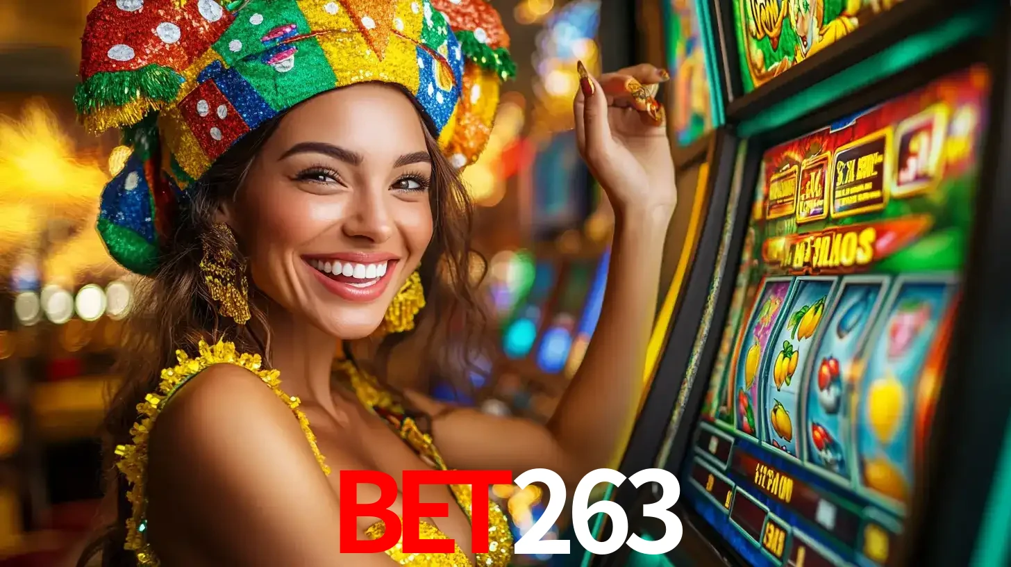 Mulher feliz com traje de carnaval amarelo e colorido ao lado de uma máquina de caça-níqueis, aproveitando a diversão e os jogos temáticos do cassino bet263.