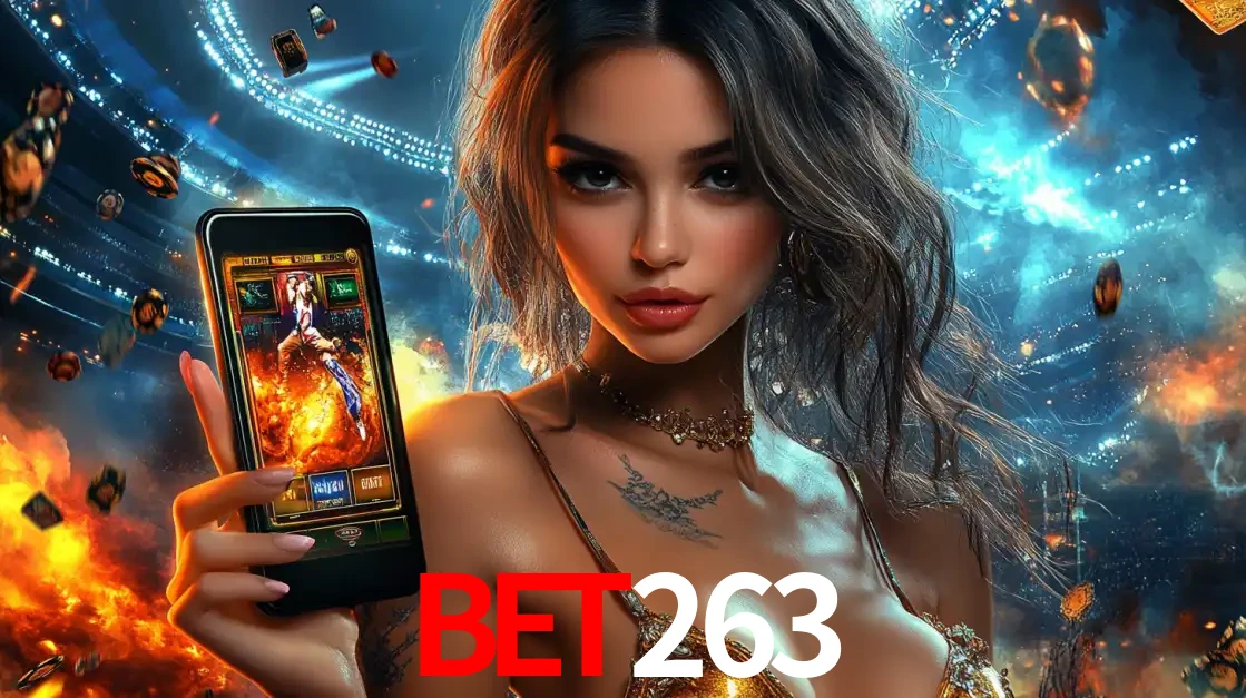 Mulher segurando um celular com um jogo de slot em destaque, tendo como fundo um estádio vibrante, simbolizando a emoção de jogar no cassino móvel bet263.