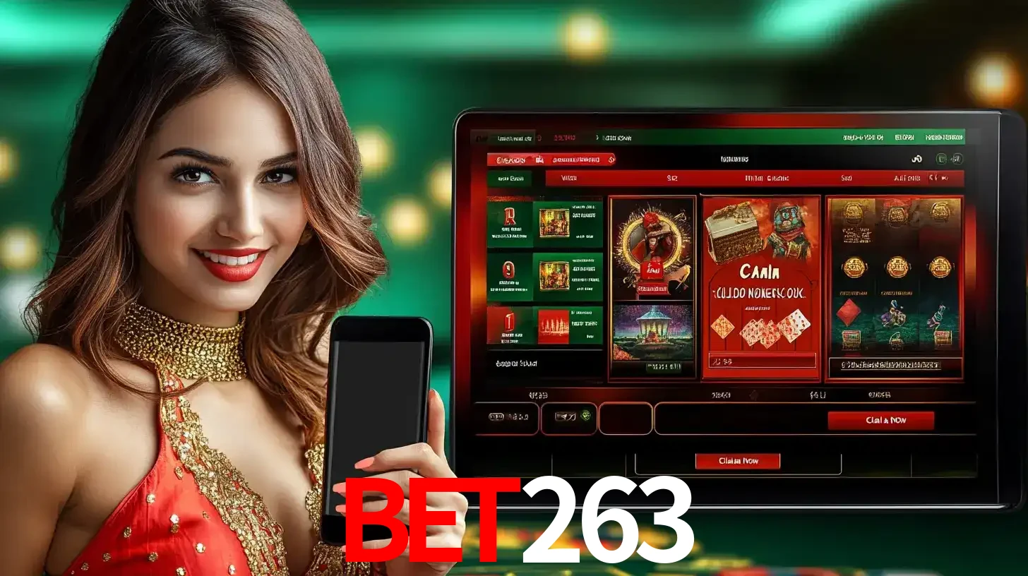 Mulher sorridente segurando um smartphone, ao lado de uma tela exibindo o lobby de jogos do cassino online bet263, com várias opções de jogos de cartas e slots.